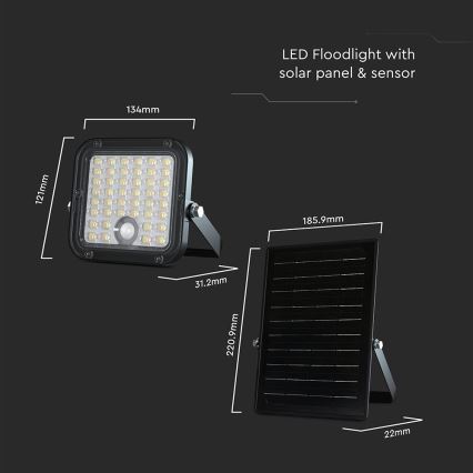 LED Dimmable solar floodlight with sensor LED/10W/3,7V 4000/6000K IP65 + remote control