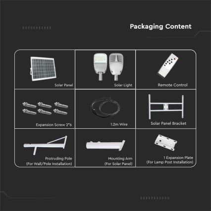 LED Dimmable solar street lamp SAMSUNG CHIP LED/50W/6,4V 6000K IP65 + remote control