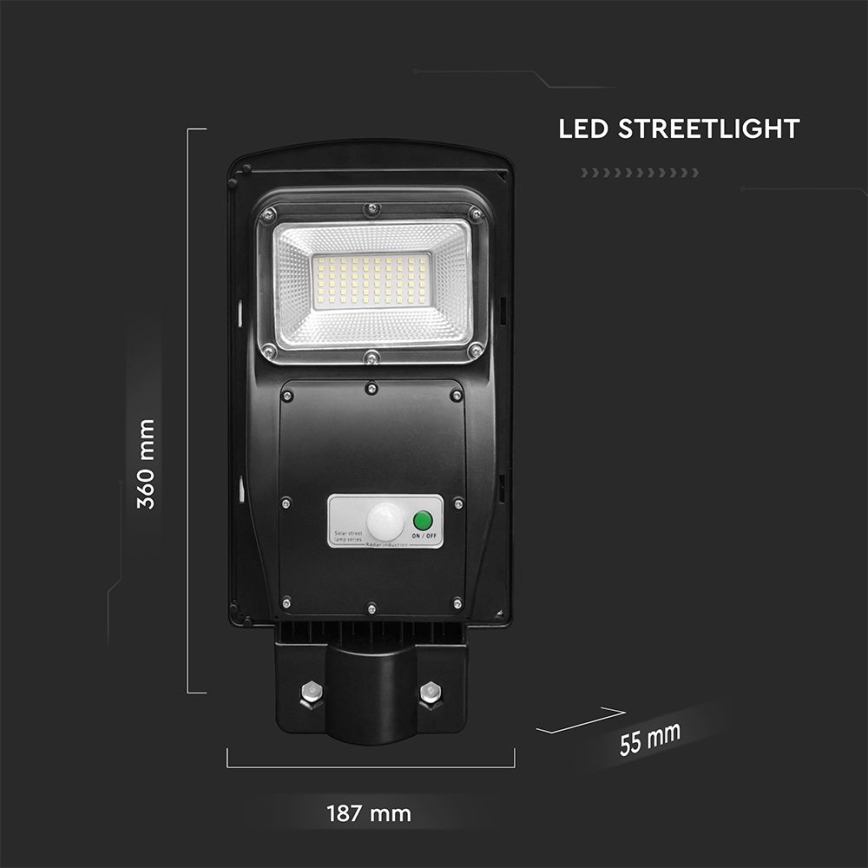 LED Dimmable solar street lamp with motion and dusk sensor LED/6W/3,2V 6000K IP65 5000 mAh black + remote control