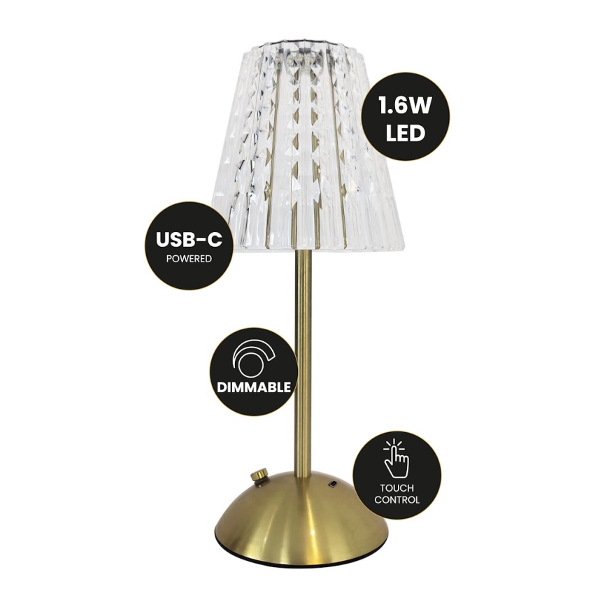 LED Dimmable touch rechargeable table lamp ELBA LED/1,6W/800 mAh 3000/4000/6000K gold/clear