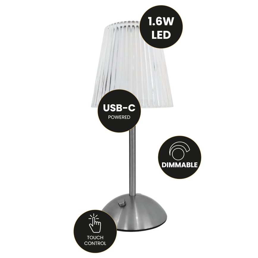 LED Dimmable touch rechargeable table lamp ELBA LED/1,6W/800 mAh matte chrome/clear