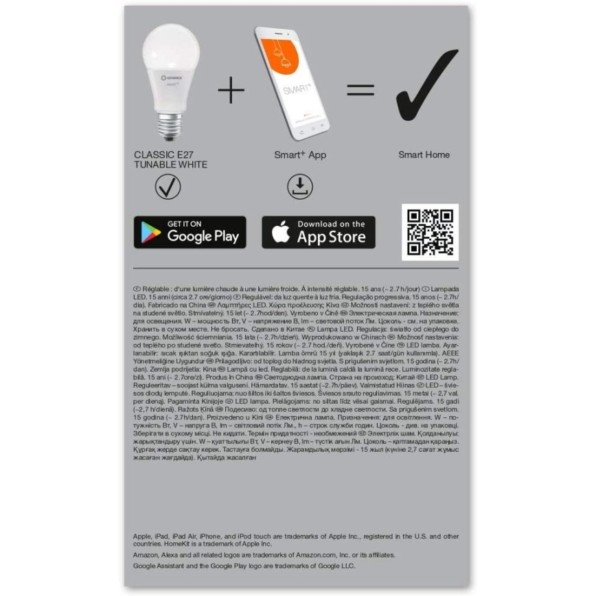 LED Dimming bulb SMART+ E27/9.5W/230V 2,700K-6,500K Wi-Fi - Ledvance