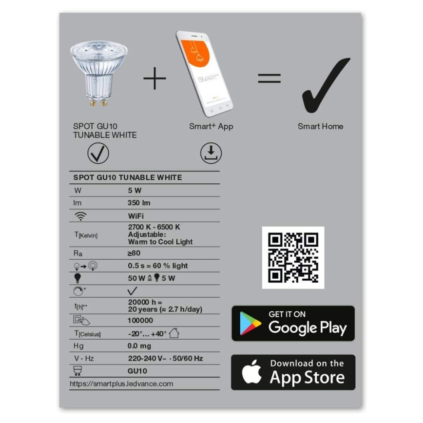 LED Dimming bulb SMART+ GU10/5W/230V 2,700K-6,500K Wi-Fi - Ledvance