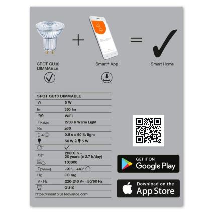 LED Dimming bulb SMART+ GU10/5W/230V 2,700K Wi-Fi - Ledvance