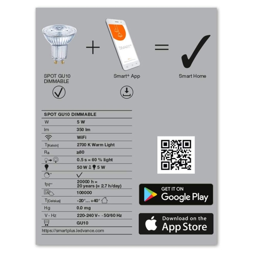 LED Dimming bulb SMART+ GU10/5W/230V 2,700K Wi-Fi - Ledvance