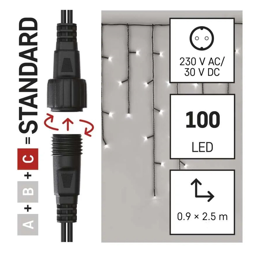 LED Outdoor Christmas String Lights, 100 LEDs / 2.5 × 0.9 m, IP44, Cool White