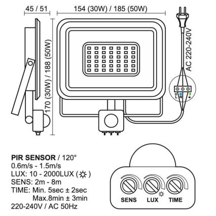 LED Outdoor floodlight with a sensor LED/50W/230V 4000K IP44 black