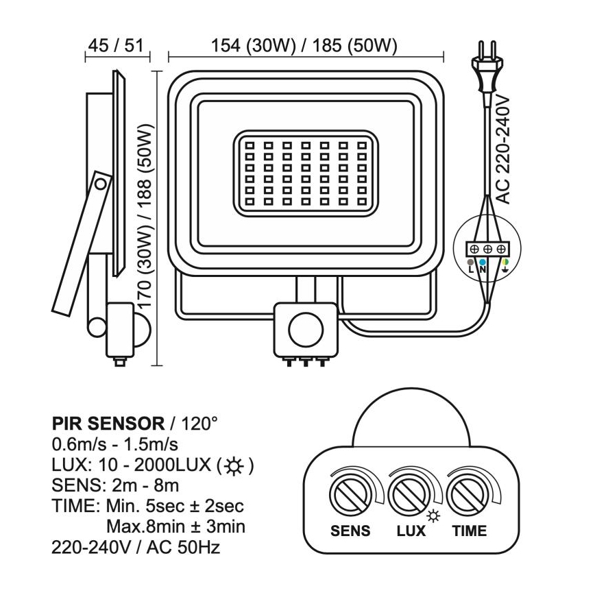 LED Outdoor floodlight with a sensor LED/50W/230V 4000K IP44 black