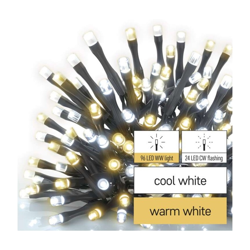 LED outdoor string lights, 120 LEDs, 2 functions, 17 m, IP44, warm/cool white