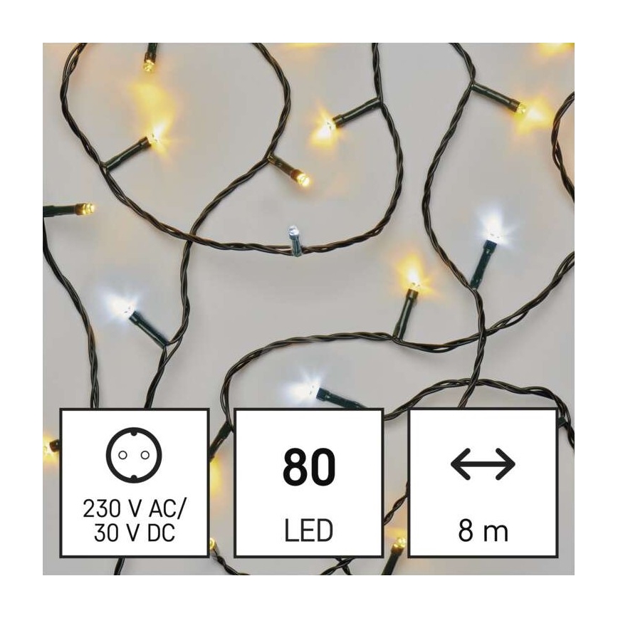 LED outdoor string lights — 80 LEDs, 2 modes, 13m, IP44, warm/cool white