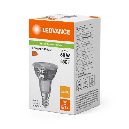 LED PAR16 Reflector Bulb E14, 4.5W, 230V, 2700K, 36° - Ledvance