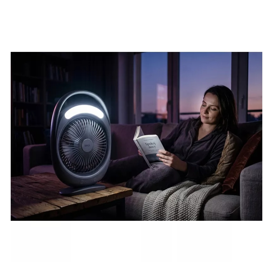 LED Rechargeable Desk Fan with LED Lighting, 2.8W/5V USB, 2400 mAh, Gray