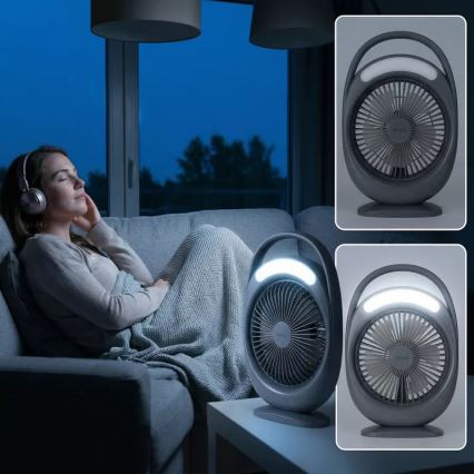 LED Rechargeable Desk Fan with LED Lighting, 2.8W/5V USB, 2400 mAh, Gray