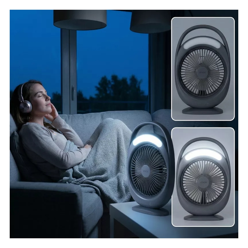 LED Rechargeable Desk Fan with LED Lighting, 2.8W/5V USB, 2400 mAh, Gray