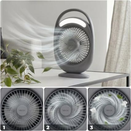 LED Rechargeable Desk Fan with LED Lighting, 2.8W/5V USB, 2400 mAh, Gray