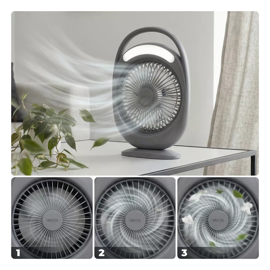 LED Rechargeable Desk Fan with LED Lighting, 2.8W/5V USB, 2400 mAh, Gray