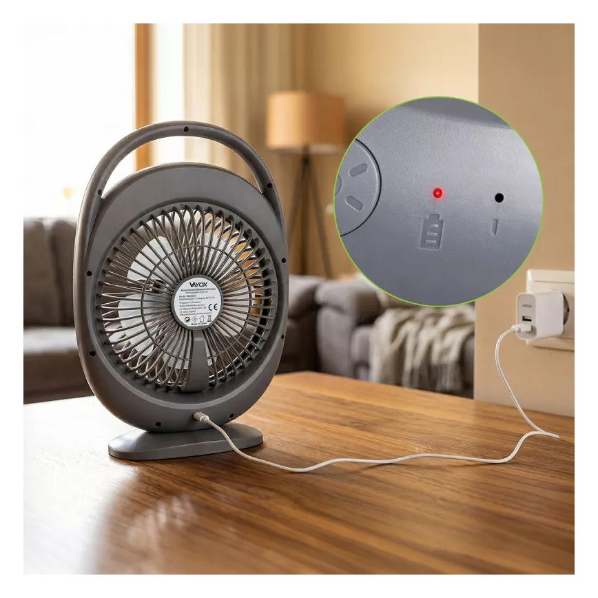 LED Rechargeable Desk Fan with LED Lighting, 2.8W/5V USB, 2400 mAh, Gray