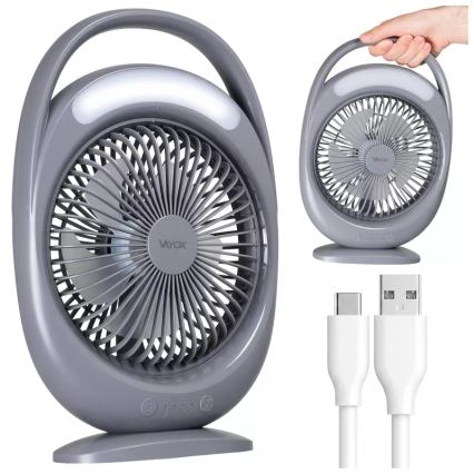LED Rechargeable Desk Fan with LED Lighting, 2.8W/5V USB, 2400 mAh, Gray