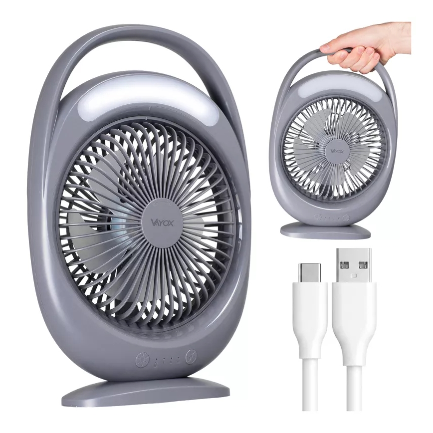 LED Rechargeable Desk Fan with LED Lighting, 2.8W/5V USB, 2400 mAh, Gray