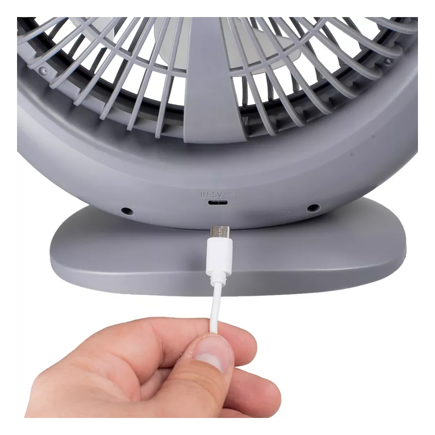 LED Rechargeable Desk Fan with LED Lighting, 2.8W/5V USB, 2400 mAh, Gray