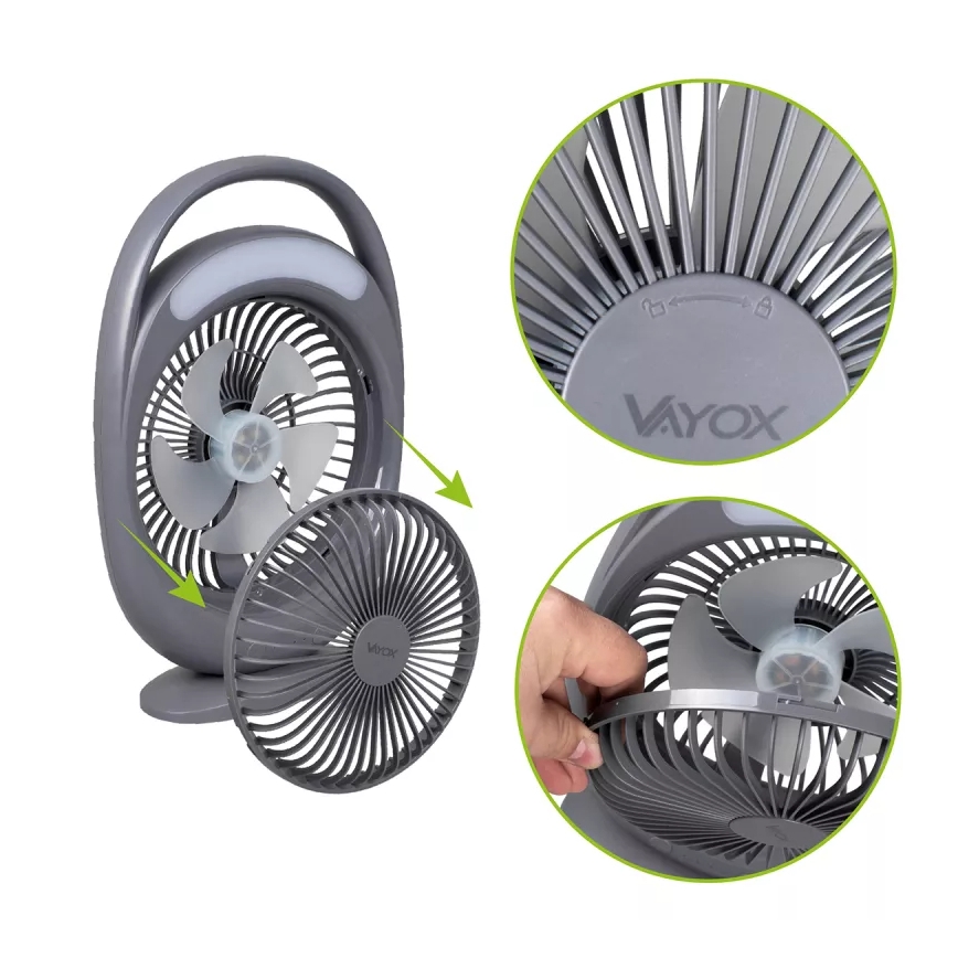 LED Rechargeable Desk Fan with LED Lighting, 2.8W/5V USB, 2400 mAh, Gray