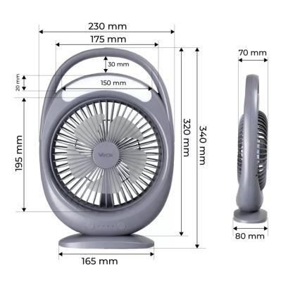 LED Rechargeable Desk Fan with LED Lighting, 2.8W/5V USB, 2400 mAh, Gray