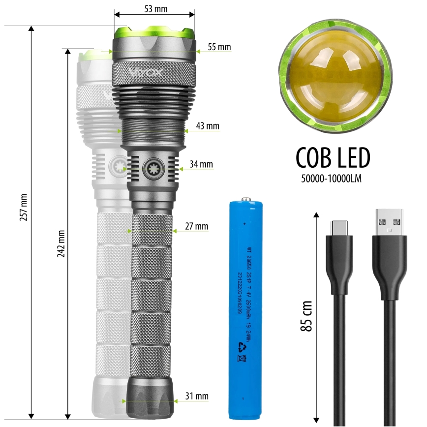 LED Dimmable rechargeable flashlight with a power bank function LED/5V IPX7 10000 shiny 2600 mAh