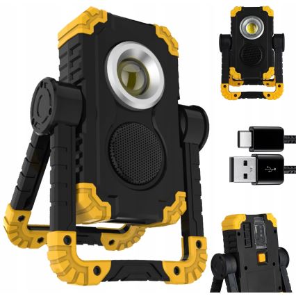 LED Rechargeable floodlight with speaker and power bank function LED/10W/5V 4400 mAh IP44 black/yellow