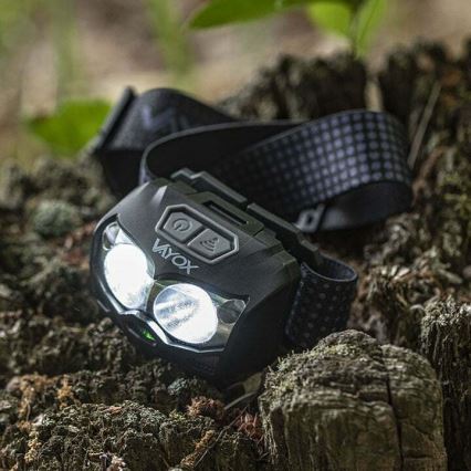 LED Dimmable rechargeable headlamp with sensor and red light 2xLED/5W/5V/3xAAA IP65 500 shiny 1200 mAh