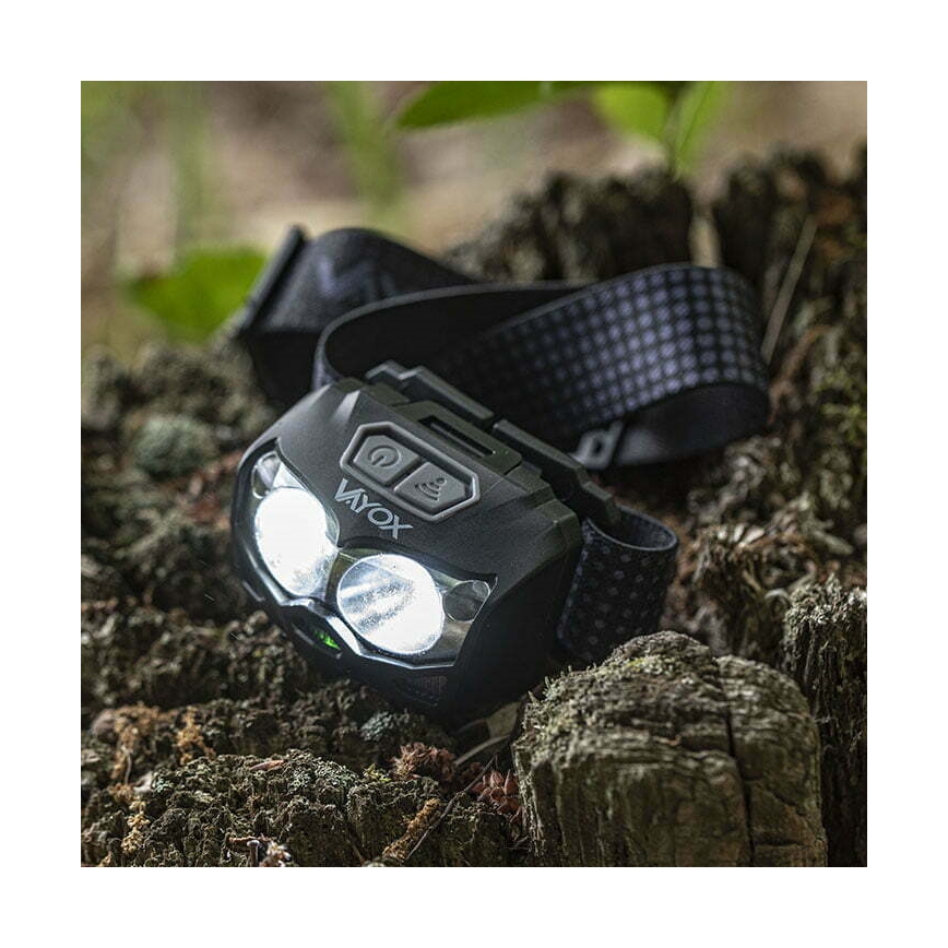 LED Dimmable rechargeable headlamp with sensor and red light 2xLED/5W/5V/3xAAA IP65 500 shiny 1200 mAh