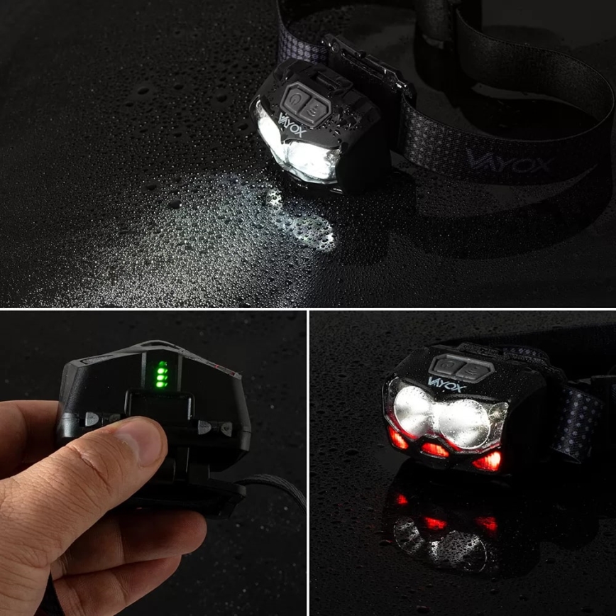 LED Dimmable rechargeable headlamp with sensor and red light 2xLED/5W/5V/3xAAA IP65 500 shiny 1200 mAh