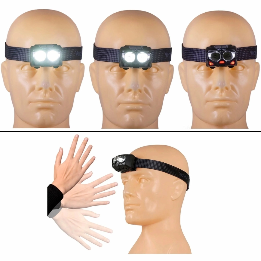 LED Dimmable rechargeable headlamp with sensor and red light 2xLED/5W/5V/3xAAA IP65 500 shiny 1200 mAh