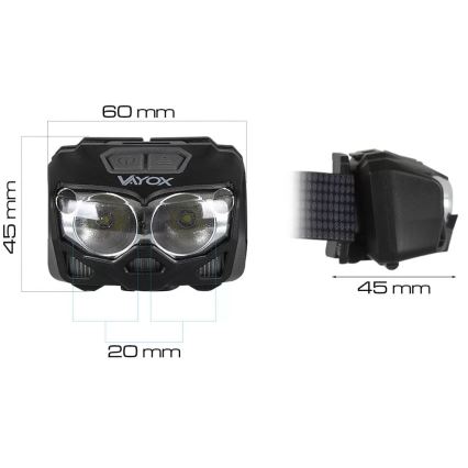 LED Dimmable rechargeable headlamp with sensor and red light 2xLED/5W/5V/3xAAA IP65 500 shiny 1200 mAh