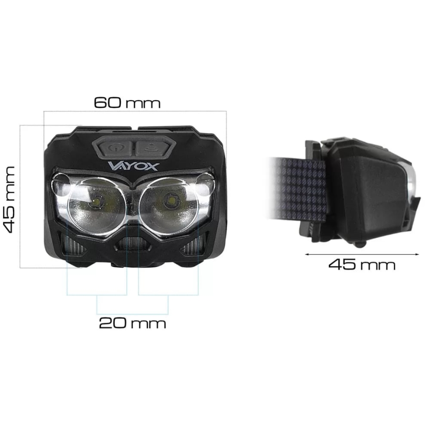 LED Dimmable rechargeable headlamp with sensor and red light 2xLED/5W/5V/3xAAA IP65 500 shiny 1200 mAh