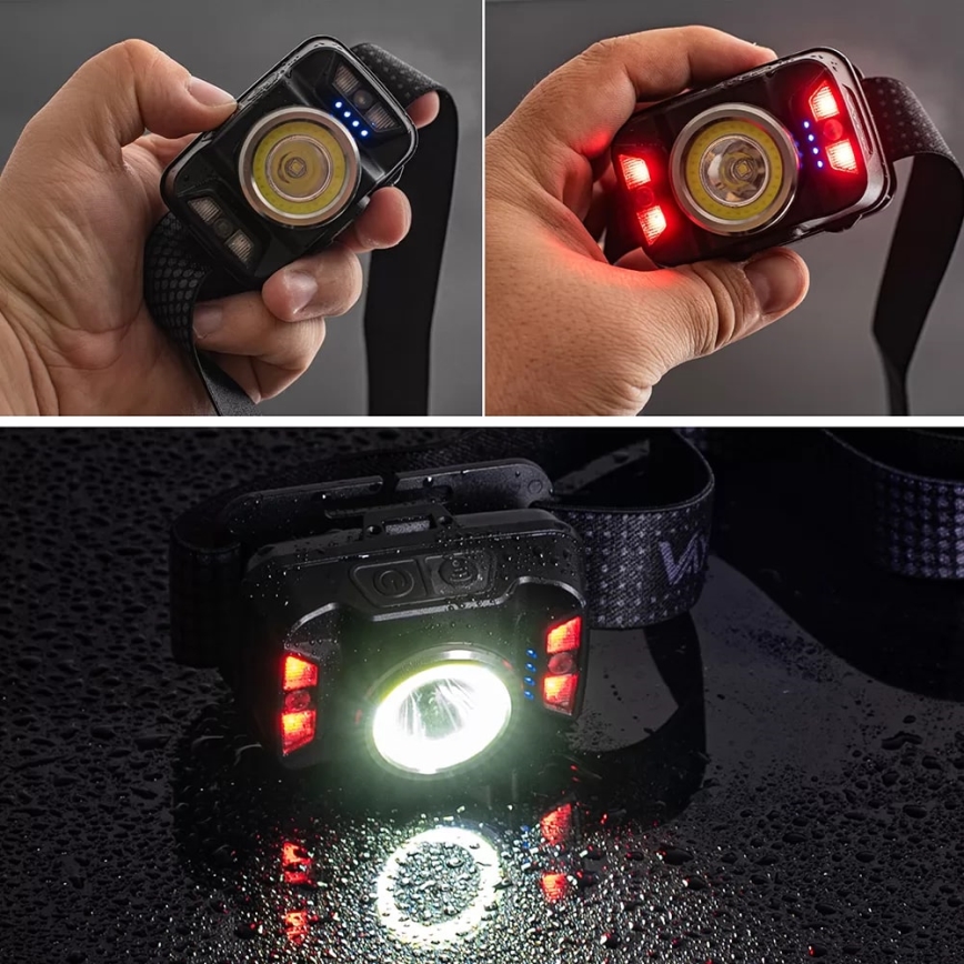 LED Dimmable rechargeable headlamp with sensor and red light LED/15W/5V IP66 430 shiny 1800 mAh