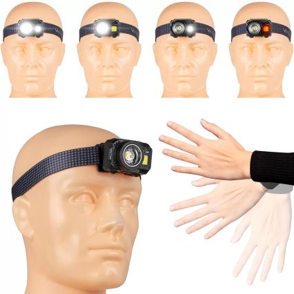 LED Dimmable rechargeable headlamp with sensor and red light LED/6W/5V/3xAAA IP44 500 shiny 1200 mAh