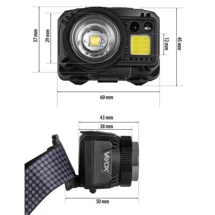 LED Dimmable rechargeable headlamp with sensor and red light LED/6W/5V/3xAAA IP44 500 shiny 1200 mAh
