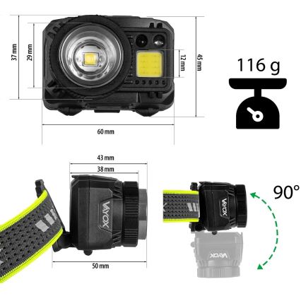 Dimmable LED Rechargeable Headlamp with Sensor and Red Light LED/6W/5V/3xAAA IP66 500 lm 1200 mAh