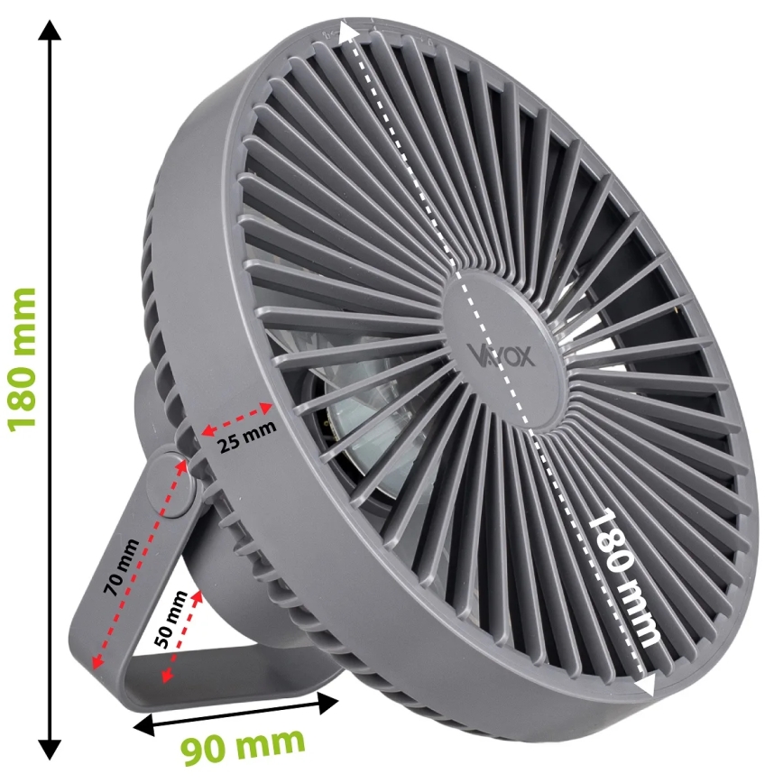 LED Rechargeable table fan with LED lighting LED/2W/5V USB 2400 mAh grey