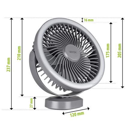 LED Rechargeable table fan with LED lighting LED/3W/5V USB 2400 mAh grey