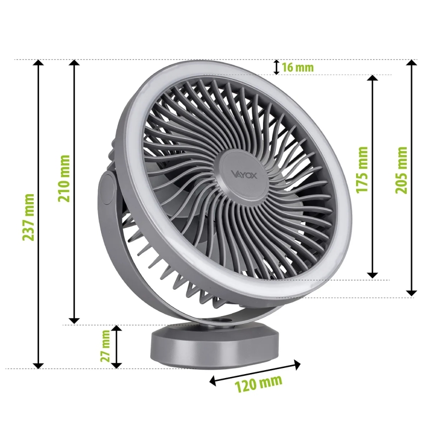 LED Rechargeable table fan with LED lighting LED/3W/5V USB 2400 mAh grey