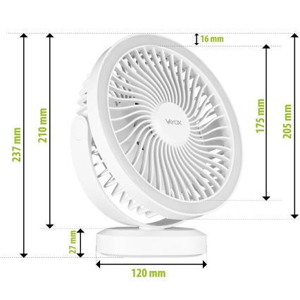 LED Rechargeable table fan with LED lighting LED/3W/5V USB 2400 mAh white