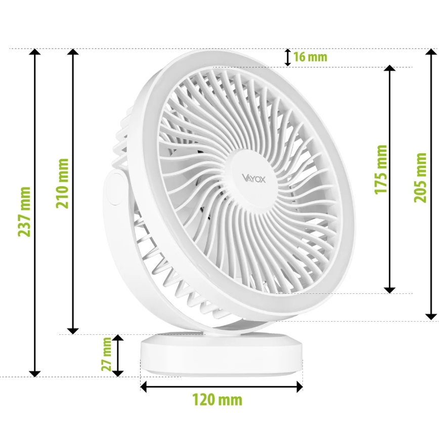 LED Rechargeable table fan with LED lighting LED/3W/5V USB 2400 mAh white