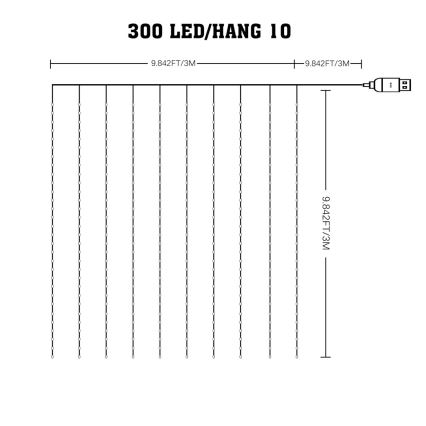 LED RGB Dimmable Christmas curtain WIZARD 300xLED/USB 3x3m + remote control