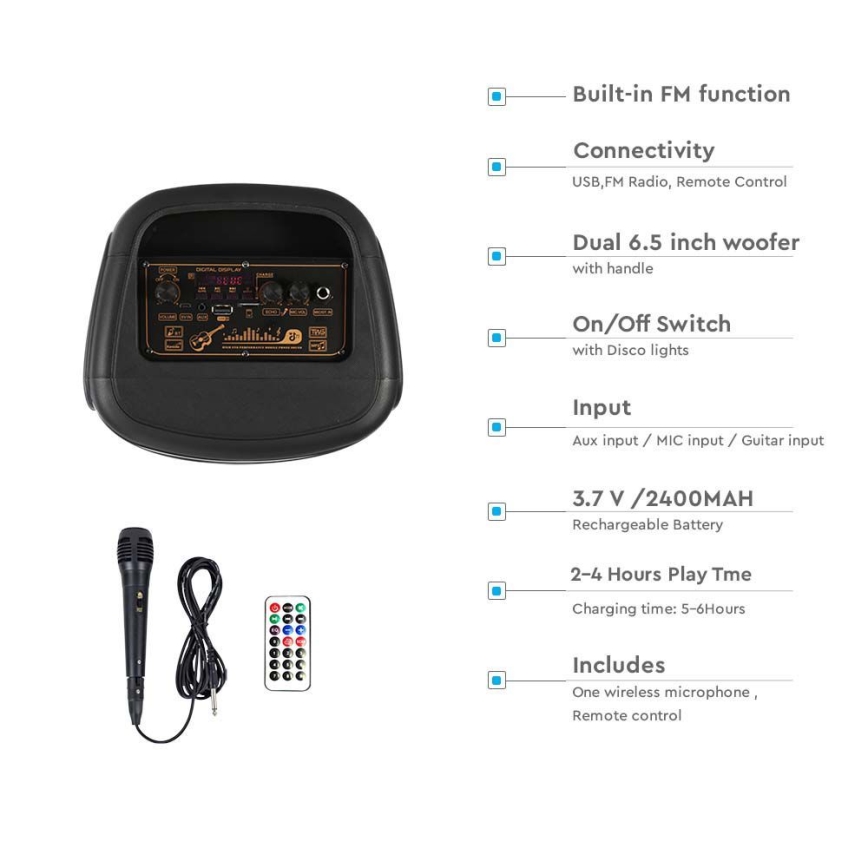 LED RGB Rechargeable speaker with a microphone 400W/2400 mAh + remote control