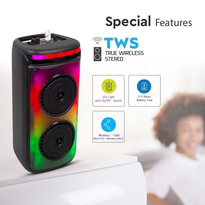 LED RGB Rechargeable speaker with a microphone 400W/2400 mAh + remote control