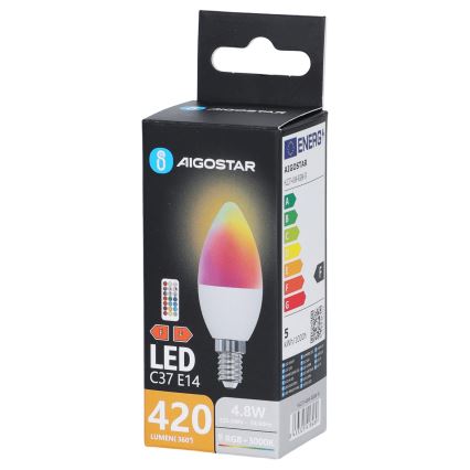 LED RGBW Bulb C37 E14/4,8W/230V 3000K + remote control - Aigostar