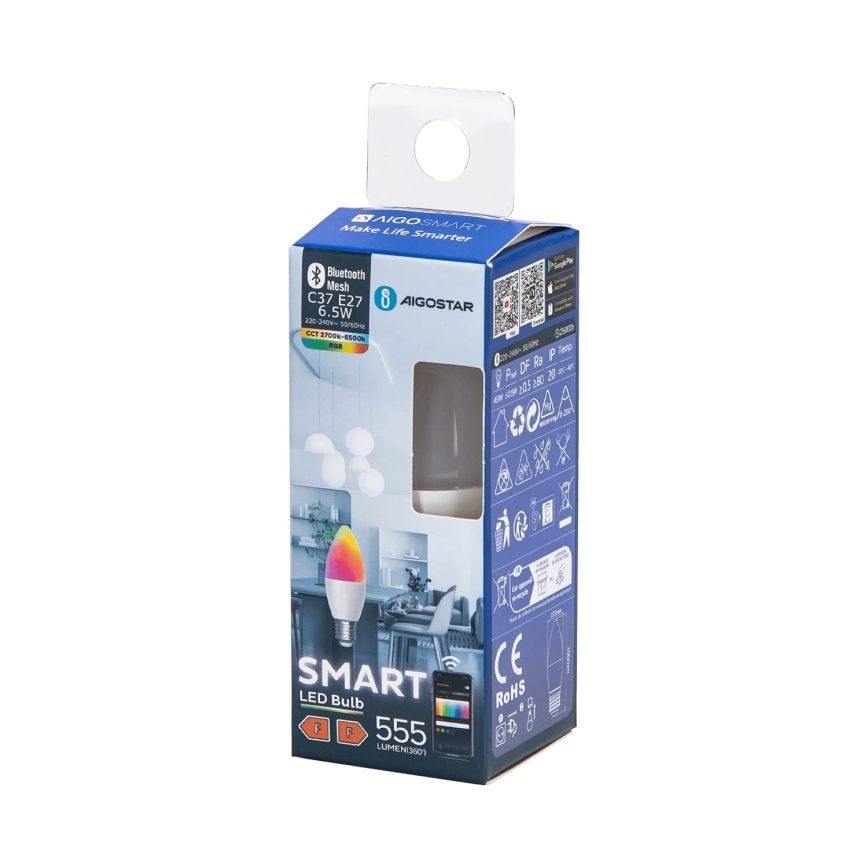 LED RGBW Dimmable bulb C37 E27/6,5W/230V 2700-6500K - Aigostar