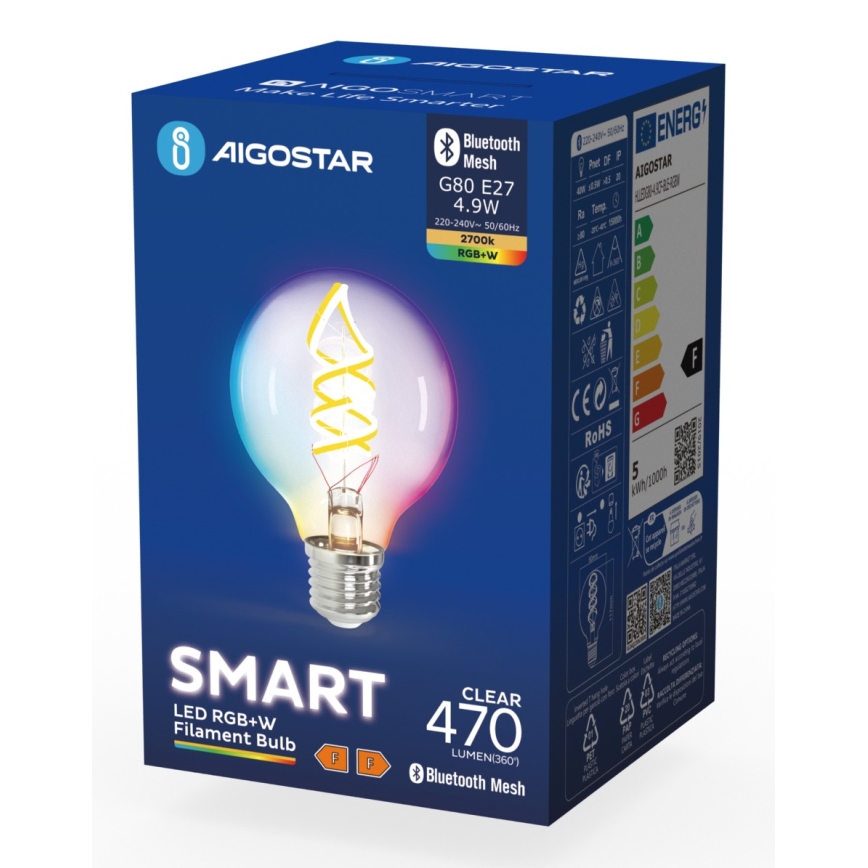 LED RGBW Dimmable bulb FILAMENT MESH Smart G80 E27/4,9W/230V 2700K - Aigostar