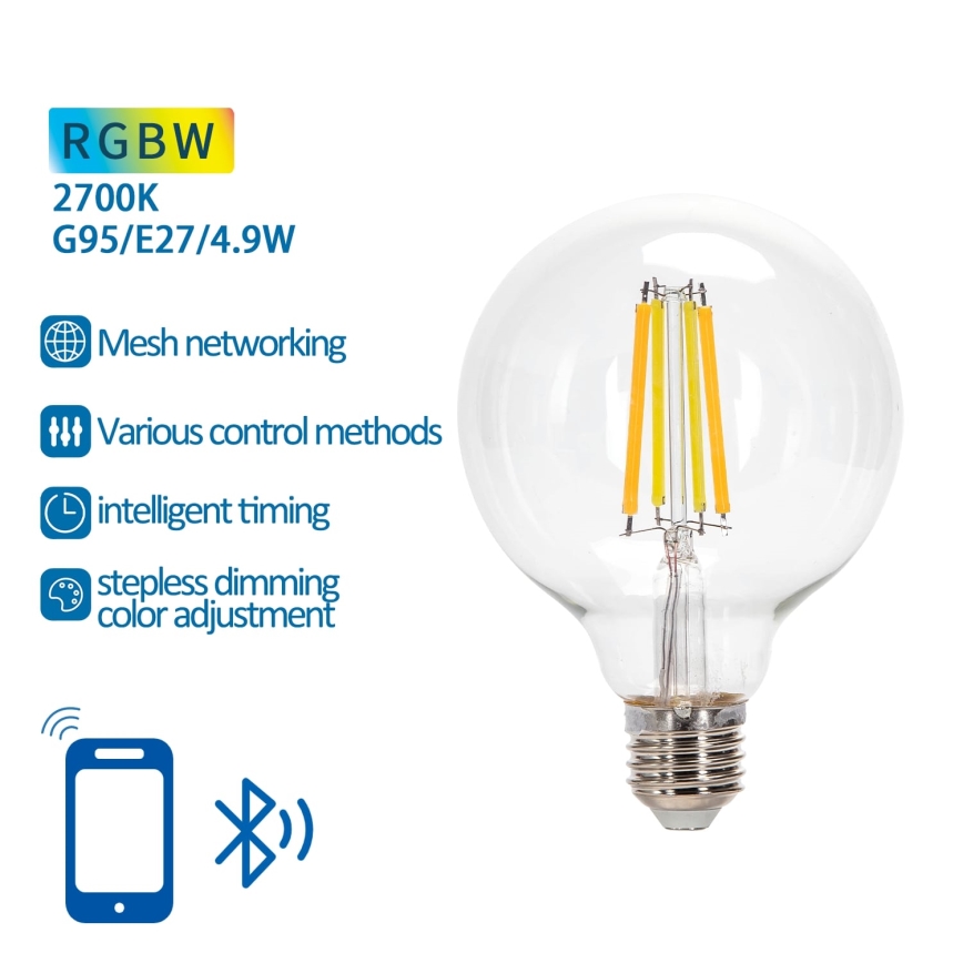 LED RGBW Dimmable bulb FILAMENT MESH Smart G95 E27/4,9W/230V 2700K - Aigostar